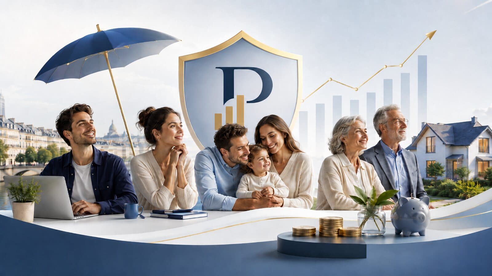 Familles françaises de trois générations protégées par un contrat d'assurance-vie, symbolisé par un bouclier, un parapluie et une courbe de croissance du capital
