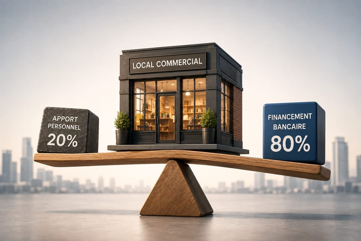 Balance illustrant l'effet de levier bancaire : 20 % d'apport personnel face à 80 % de financement bancaire pour l'achat d'un local commercial