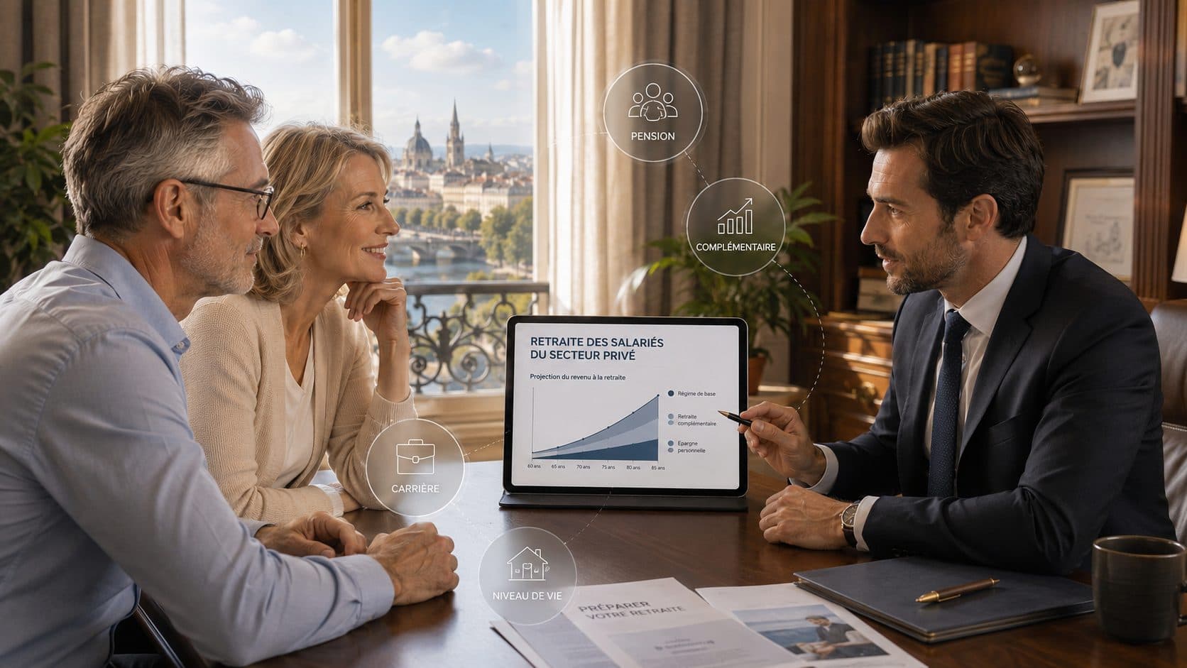 Un couple de salariés du secteur privé consulte un conseiller en gestion de patrimoine qui présente la projection de leur revenu à la retraite : pension, complémentaire, carrière et niveau de vie