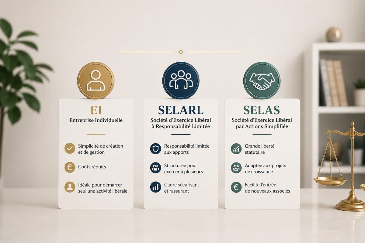 Comparatif visuel des trois statuts d'exercice libéral : entreprise individuelle (EI), SELARL et SELAS
