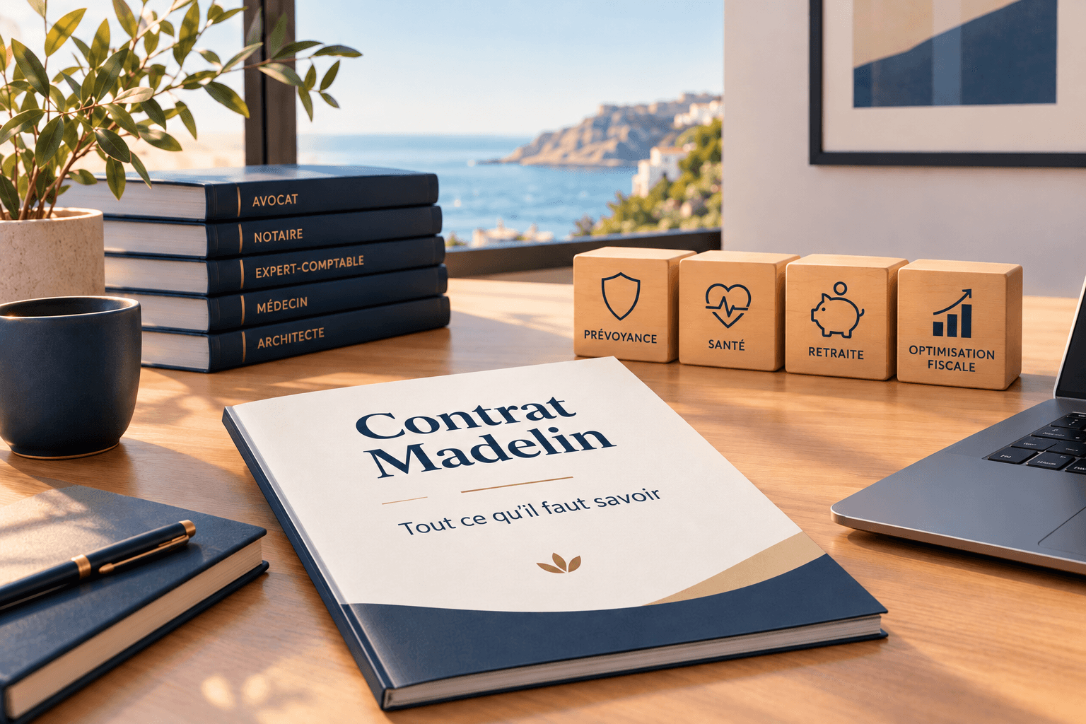 Guide « Contrat Madelin » posé sur un bureau face à la mer, avec des cubes Prévoyance, Santé, Retraite et Optimisation fiscale et des ouvrages Avocat, Notaire, Médecin, Architecte