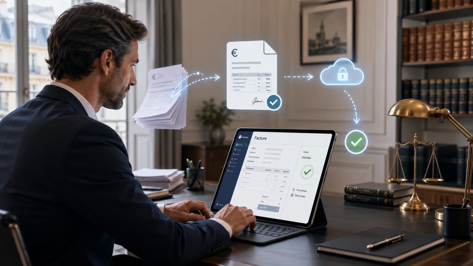 Un professionnel libéral numérise et sécurise ses factures depuis son ordinateur, illustrant la transmission de données vers une plateforme de facturation électronique agréée