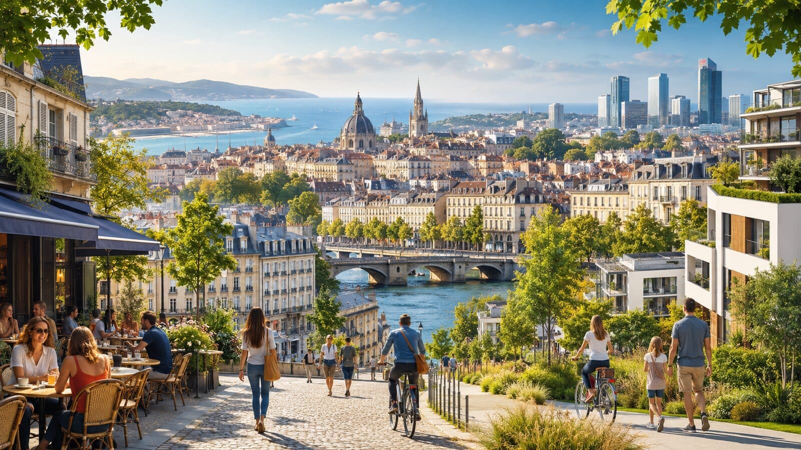 Vue ensoleillée d'une ville française avec ses quartiers historiques, une rivière et des habitants profitant d'une terrasse, illustrant la qualité de vie recherchée lors d'une installation en 2026