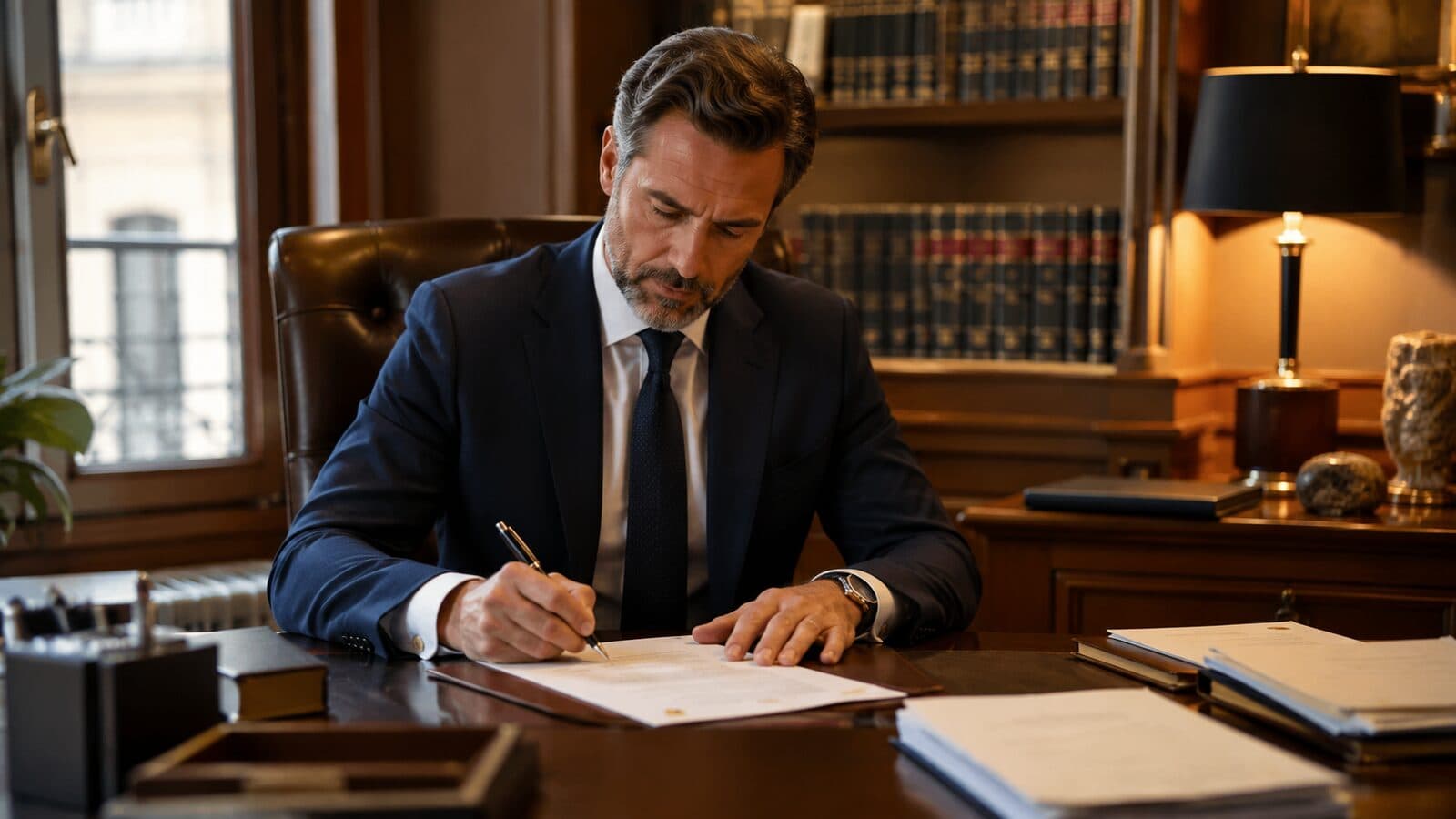 Un professionnel libéral signe un document juridique à son bureau, illustrant la préparation administrative de sa retraite