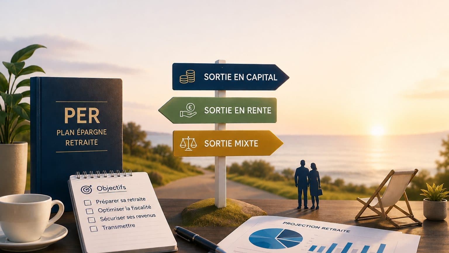 Panneau directionnel illustrant les trois options de sortie du Plan Épargne Retraite : sortie en capital, sortie en rente et sortie mixte, symbolisant le choix stratégique à préparer avant la retraite